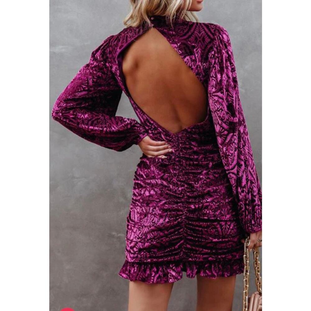 Vici High Neck Purple MIni Cocktail Dress Ruched Velvet Open Back Long Sleeve M - Picture 2 of 12